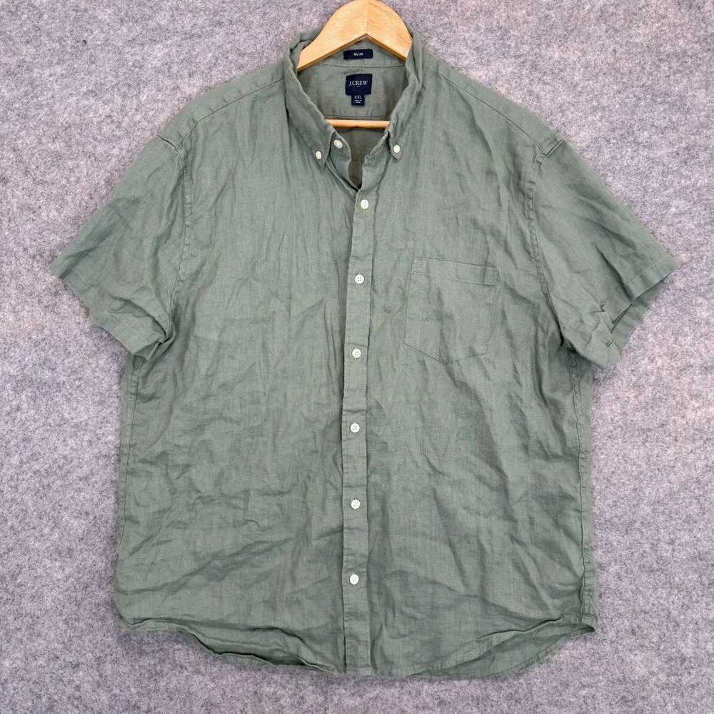 Banana Republic Linen‎ Button Down Shirt Mens 2XL Slim Fit Pocket Dark Green